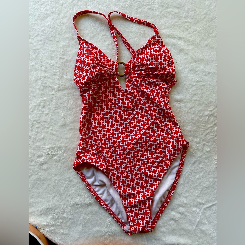 W Swim One Piece Red & White Geometric Print Gold Hoop Cross-strap Swimsuit Sz S